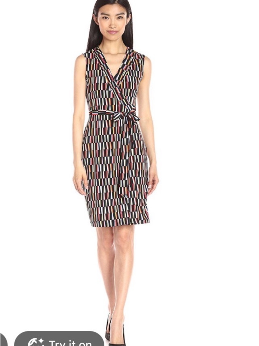 Anne Klein Sleeveless Wrap Dress in Black with Multi-Color Stripes